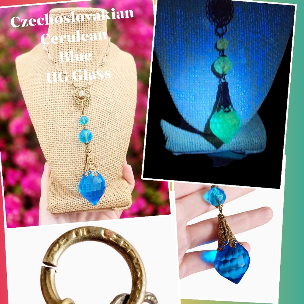 1920s Czechoslovakia Blue Uranium Glass Pendant Lavalier Necklace - UV Reactive